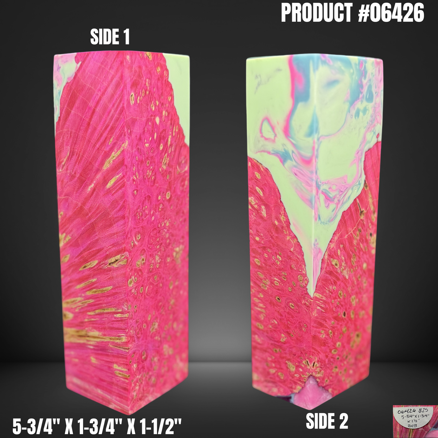 Knife Handle Scales Turning Block Pink Green Stabilized Box Elder Burl #06426